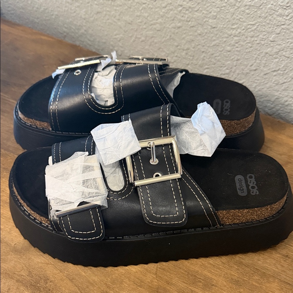 Asos Design Black Double Buckle Women’s platform Sandals size 9 - Picture 2 of 8